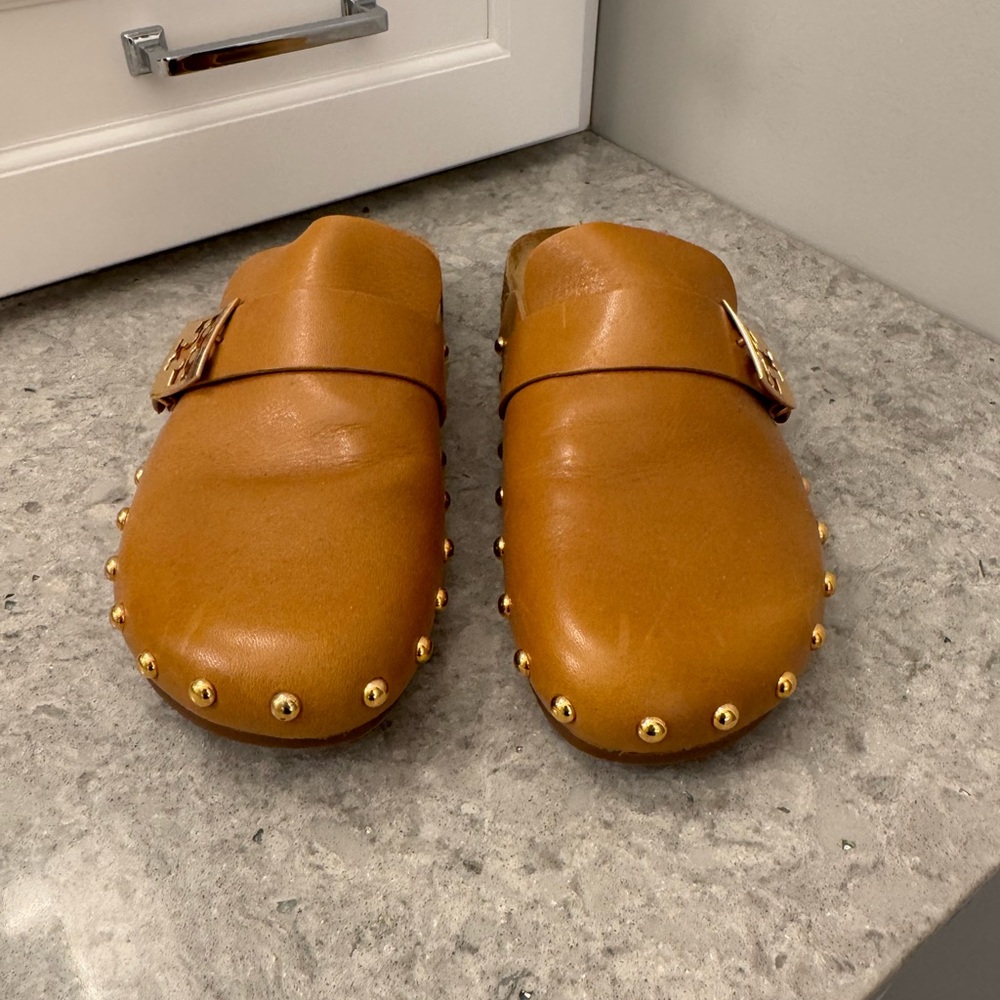 Tory Burch Tan Mules with Gold Accents